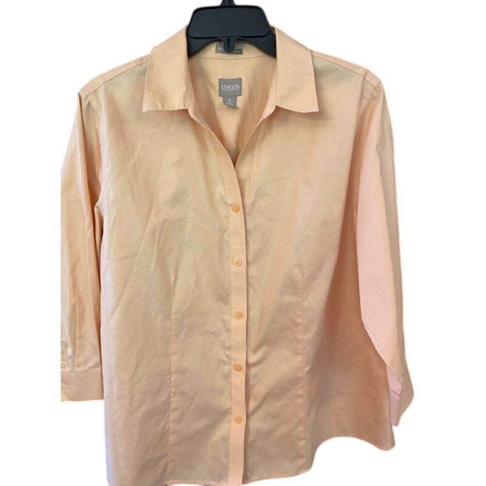 Chico's Women Peach Wrinkle Resistant 100% Cotton Button Up Blouse size 2 -12/14